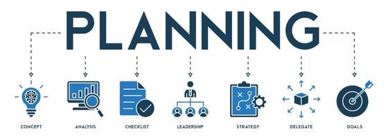 planejamento conceito vetor ilustração com bandeira ícones do conceito, análise, lista de controle, liderança, estratégia, delegar e metas