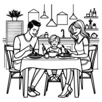 contínuo 1 Preto linha arte desenhando feliz família pai e mãe com criança. tendo jantar sentado às mesa rabiscos estilo vetor ilustração em branco fundo