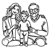 contínuo 1 Preto linha arte desenhando feliz família pai e mãe com criança rabiscos estilo vetor ilustração em branco