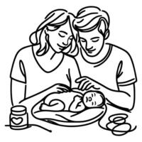 contínuo 1 Preto linha arte desenhando pais com recém-nascido bebê rabiscos esboço estilo vetor ilustração em branco fundo