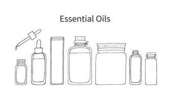 essencial óleos garrafas conjunto do mão desenhado rabisco isolado elementos para Projeto. Cosmético frasco, frasco, frasco para óleo e ervas vetor