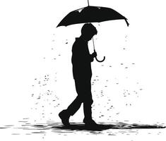 ai gerado silhueta Garoto ou homem com guarda-chuva durante chuvisco Preto cor só vetor