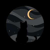 Preto gato silhueta em noite céu fundo. gato assistindo em uma crescente. vetor ilustração