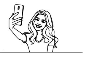 contínuo 1 Preto linha arte desenhando alegre jovem menina segurando Smartphone para levando agindo selfie ou vídeo ligar através Móvel telefone esboço rabisco vetor família viagem conceito