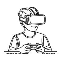 solteiro contínuo desenhando Preto linha arte linear Garoto usando virtual realidade fone de ouvido simulador óculos para aprender Novo tecnologia vetor