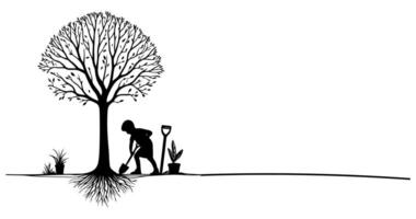 contínuo 1 Preto linha arte desenhando silhueta do crianças plantio árvore. pá escavações raízes plantar para dentro terra para Salve  a mundo e terra dia reduzir global aquecimento crescimento vetor