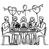 solteiro contínuo desenhando Preto linha família jantar sentado às mesa para celebração aniversário aniversário festa rabiscos vetor