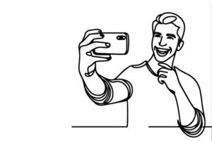 contínuo 1 Preto linha arte desenhando alegre jovem homem segurando Smartphone para levando agindo selfie ou vídeo ligar através Móvel telefone esboço rabisco vetor família viagem conceito