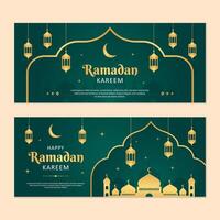 islâmico Ramadã celebração bandeira modelo Projeto com ouro quadro, Armação e lanterna ilustração. Ramadã verde bandeira fundo. vetor