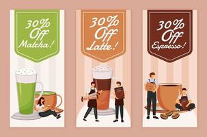 desconto para o conjunto de modelos de vetor plana de panfletos de café. layout de design de folheto para impressão. campanha sazonal. oferta especial para bebidas quentes, banner vertical de publicidade na web, histórias de mídia social