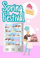 modelo de vetor de cartaz festival da primavera. produtos de confeitaria. sobremesas decoradas. brochura, capa, design de conceito de página de livreto com ilustrações planas. panfleto publicitário, folheto, ideia de layout de banner