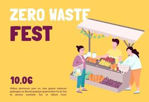 zero desperdício fest banner modelo de vetor plana. compra de produtos ecológicos e orgânicos no mercado dos fazendeiros. brochura, design de conceito de cartaz com personagens de desenhos animados. folheto horizontal, folheto com lugar para texto