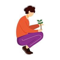 homem segurando ilustração vetorial plana de broto. ativista ambiental, jardineiro isolou personagens de desenhos animados no fundo branco. jovem voluntário plantando árvores. horticultura, elemento de design de jardinagem vetor