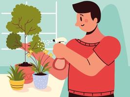 homem regando plantas domésticas vetor
