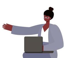 desenho de mulher negra com laptop trabalhando desenho vetorial vetor