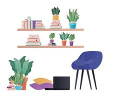 cadeira e prateleiras azuis com desenho vetorial de livros e plantas vetor