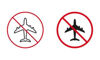 ar avião não permitido estrada placa. avião círculo Atenção símbolo definir. proibido voar jato. aviação proibir tráfego vermelho placa. não aeronave linha e silhueta ícones. isolado vetor ilustração
