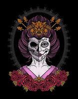ilustração vetor gueixa açúcar crânio senhora com rosa flores, tatuagem projeto, vetor ilustração