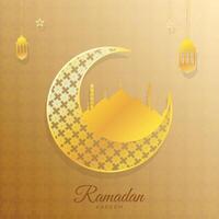 Ramadã kareem islâmico Projeto crescente lua e dourado mesquita silhueta com árabe padronizar vetor