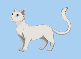 uma branco gato com azul olhos em pé em uma azul fundo vetor