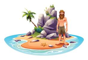 náufrago homem em desabitado ilha com Palma árvores e pedras. vetor desenho animado ilustração isolado em branco fundo