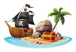 tropical ilha com de madeira pirata enviar, Tesouro peito, pedras e Palma árvore. vetor desenho animado ilustração isolado em branco fundo