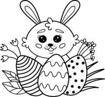 coloração livro apresentando uma fofa Páscoa Coelho a partir de uma desenho animado com ovos e flores coloração livro para crianças. vetor ilustração.