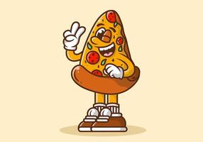 mascote personagem ilustração do uma pizza com mão formando Paz símbolo vetor