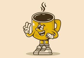 personagem ilustração do café caneca com mão Formato uma símbolo do paz. amarelo vintage cor vetor