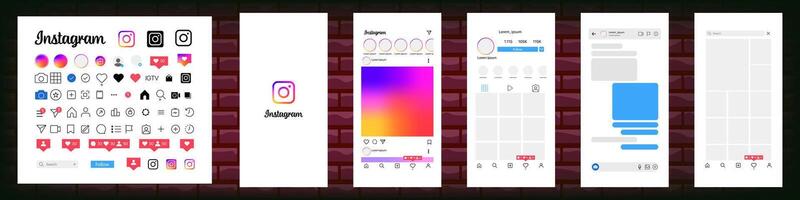Instagram Projeto. conjunto Instagram tela social meios de comunicação e social rede interface modelo. Instagram foto quadro. histórias, apreciado, fluxo. editorial vetor. vetor