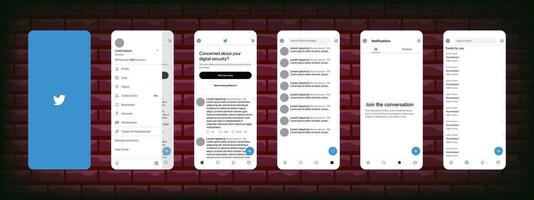 Twitter Móvel interface. Twitter tela social meios de comunicação, social rede interface modelo. pagina inicial, logotipo, recomendações, inscrição, perfil. editorial ilustração vetor