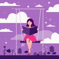 uma menina em uma balanço lê uma livro. plano vetor ilustração.