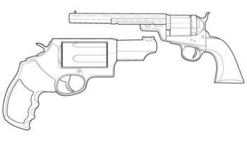 empacotamento conjunto do revólver com linha arte estilo, tiroteio pistola, arma ilustração, vetor linha, arma de fogo ilustração, moderno arma de fogo, militares conceito, pistola vetor.