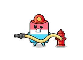desenho de borracha como mascote do bombeiro com mangueira de água vetor