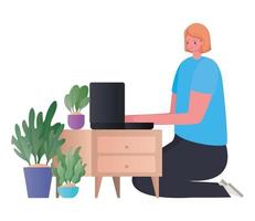 mulher com laptop na mobília trabalhando desenho vetorial vetor