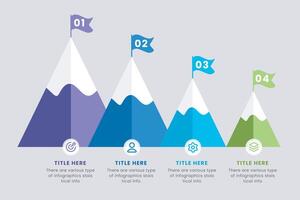 4 passos para sucesso montanha infográfico projeto, rota para a topo do montanha, conceito do meta, missão, o negócio montanha vetor ilustração,