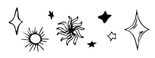 místico Magia vetor linha elementos. contorno minimalista mão desenhado rabisco dentro Preto. misterioso estrelas e, Sol. esboço conjunto do elementos para logotipo, tatuagem, livros, impressões