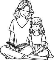 mãe e criança ler livro linha desenho. vetor