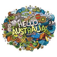 desenho animado fofa rabiscos mão desenhado Olá Austrália inscrição vetor