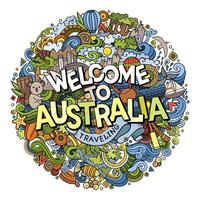 desenho animado fofa rabiscos mão desenhado bem-vinda para Austrália inscrição vetor