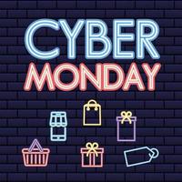 letras de segunda-feira cibernética com conjunto de ícones de estilo neon vetor