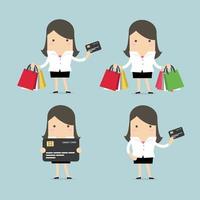 conjunto de mulher de negócios com cartão de crédito e sacolas de compras. vetor