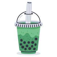 desenho animado matcha bolha chá. mão desenhado tapioca pérolas boba chá, rabisco Taiwan leite chá xícara, saboroso suave beber copo vetor ilustração em branco fundo