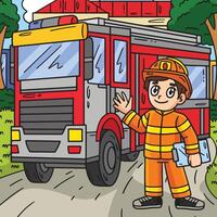 bombeiro e fogo caminhão colori desenho animado vetor