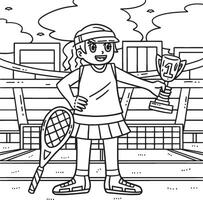 tênis fêmea jogador com troféu coloração página vetor