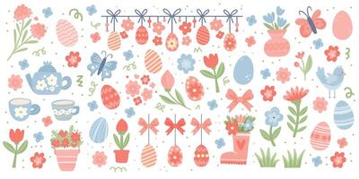 conjunto do feliz Páscoa elementos. fofa mão desenhado ovos, flores, festão e outro. Primavera estético adesivos vetor