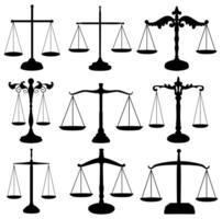 conjunto escala do justiça silhueta ícone. governo lei símbolo vetor ilustração