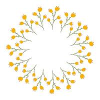 mão desenhado minimalista Primavera flores rabisco floral guirlanda fez do amarelo tulipas dentro círculo. volta verão quadro, Armação ou fronteira com Lugar, colocar texto, citar ou logotipo dentro plano estilo. vetor