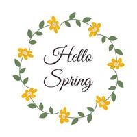 caligráfico inscrição Olá Primavera com floral quadro. guirlanda do desenhado à mão minimalista amarelo flores simples ilustração para a comemorar a chegando do primavera. vetor