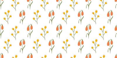 flor Primavera desatado padronizar em branco fundo. floral recorrente Projeto para imprimir. plano verão vetor textura. botânico minimalista natureza laranja amarelo fundo para têxtil e invólucro.